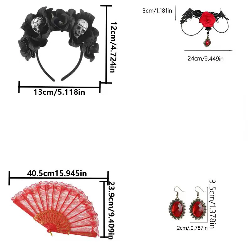 เครื่องประดับฮาโลวีนสไตล์โกธิค: ที่คาดผม, สร้อยคอผ้าลูกไม้ลายดอกกุหลาบ, พัดผ้าลูกไม้ และต่างหู สร้างลุคที่สง่างามเหมือนผี
