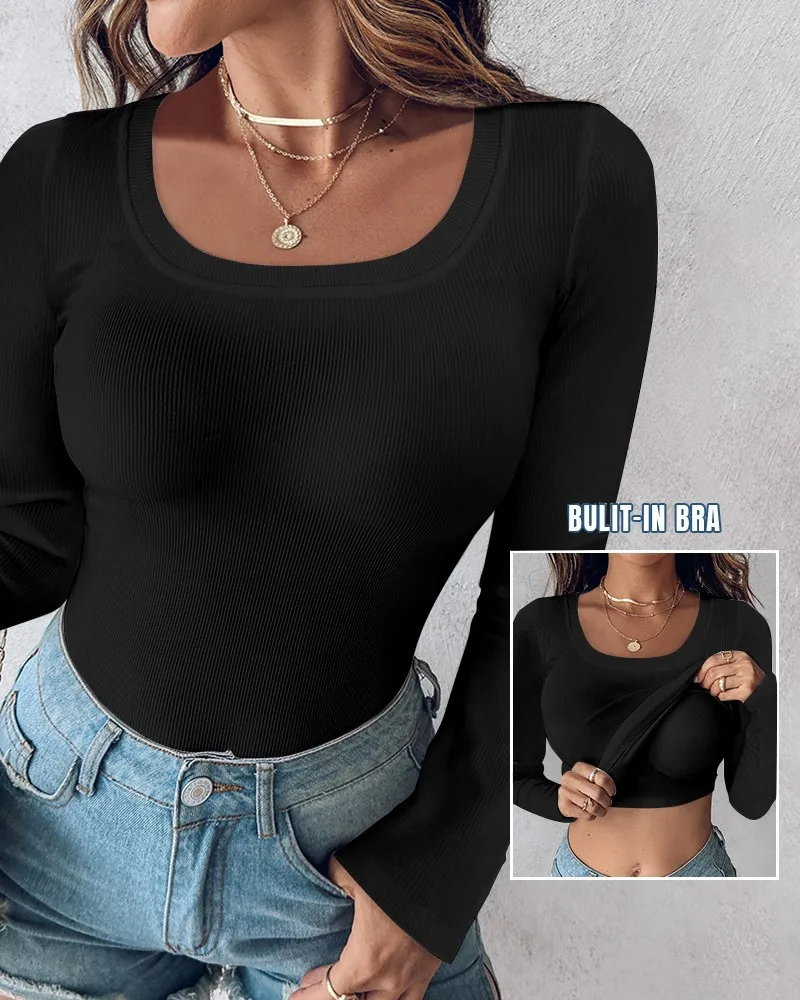2025 Fashion T-shirt for Women Sexy Bottom Interior Top U Neck Shapewear Seamless Tank High Strechy Long Sleeve Slim Fit Tops