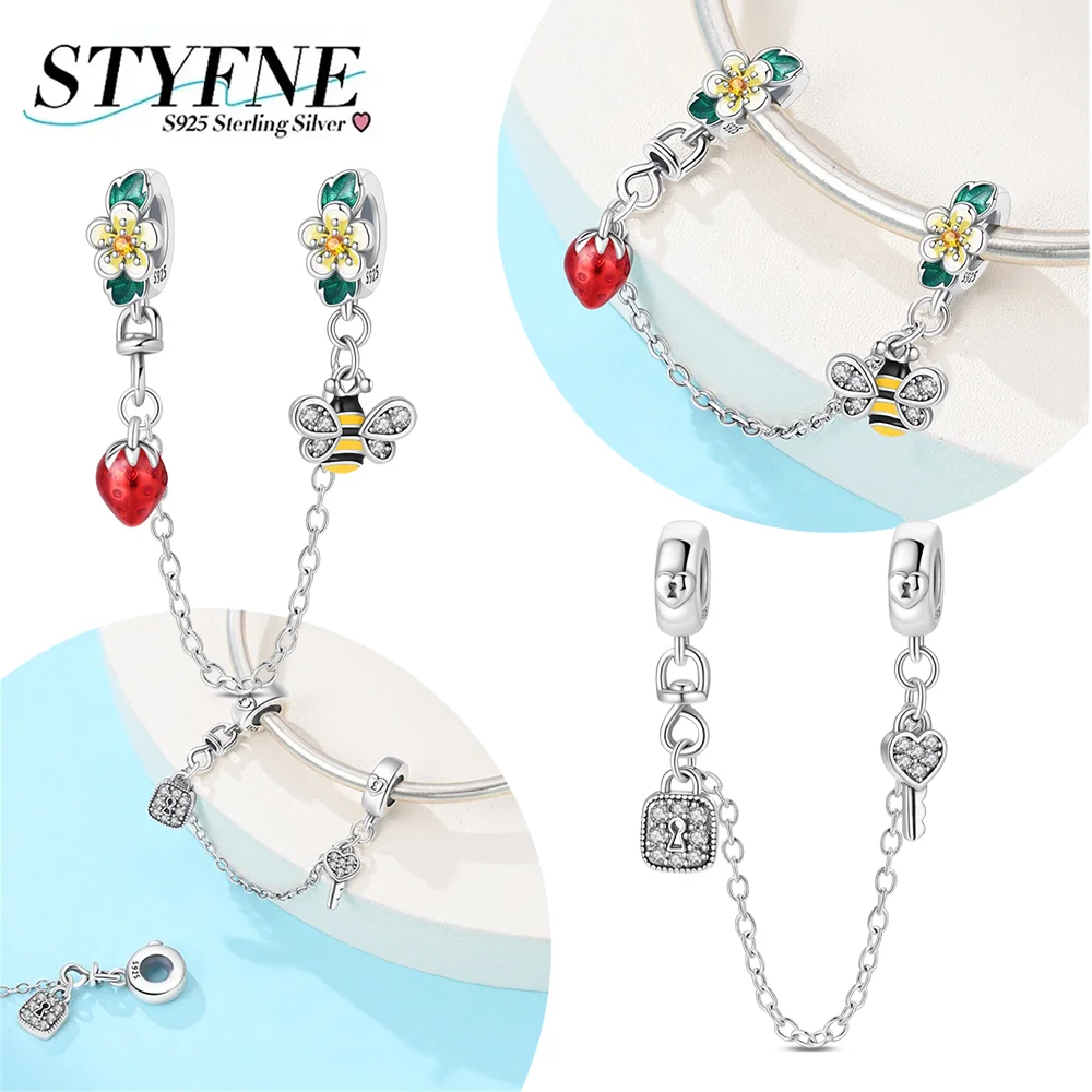 925 Silver Bee Strawberry Safety Chain Charms Lock Key Beads Pendant Fit Bracelet Bag Keychain Floral Jewelry Gift for Spring