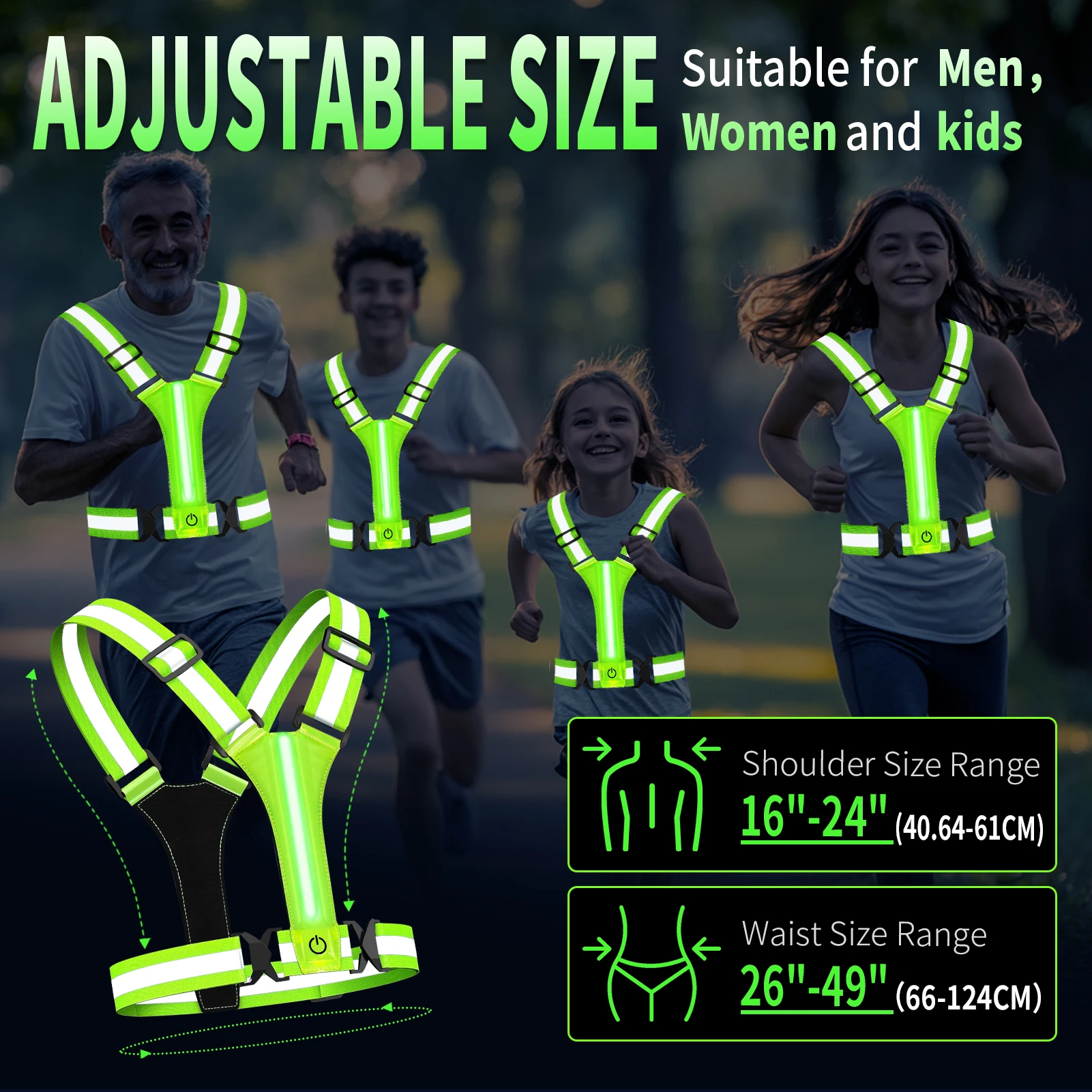 Gilets de sécurité réfléchissants réglables, tissu de course Rechargeable haute visibilité pour coureurs de nuit en plein air, cyclisme, Sports