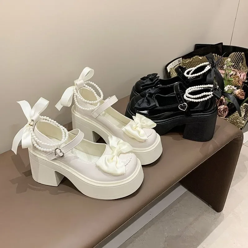 

Women's High Heels 2024 High Quality Square Heels Mary Jane Bow Round Toe Buckle Dress Party Women's High Heels Chaussure Femme