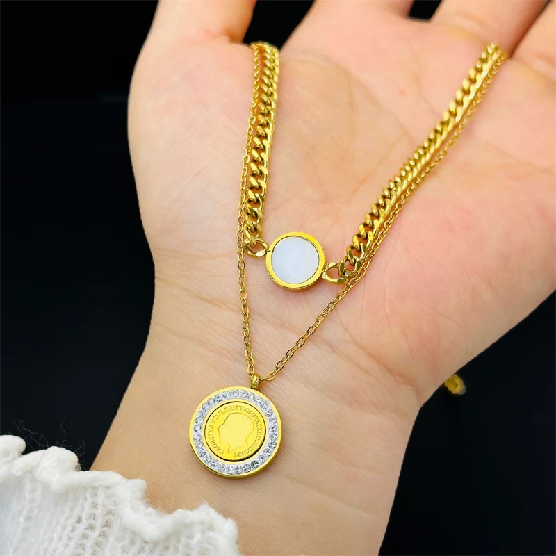 316L Stainless Steel New Fashion Fine Jewelry 2-Layer Seashells Zircon King Coin Charm Chain Choker Necklaces Pendants For Women