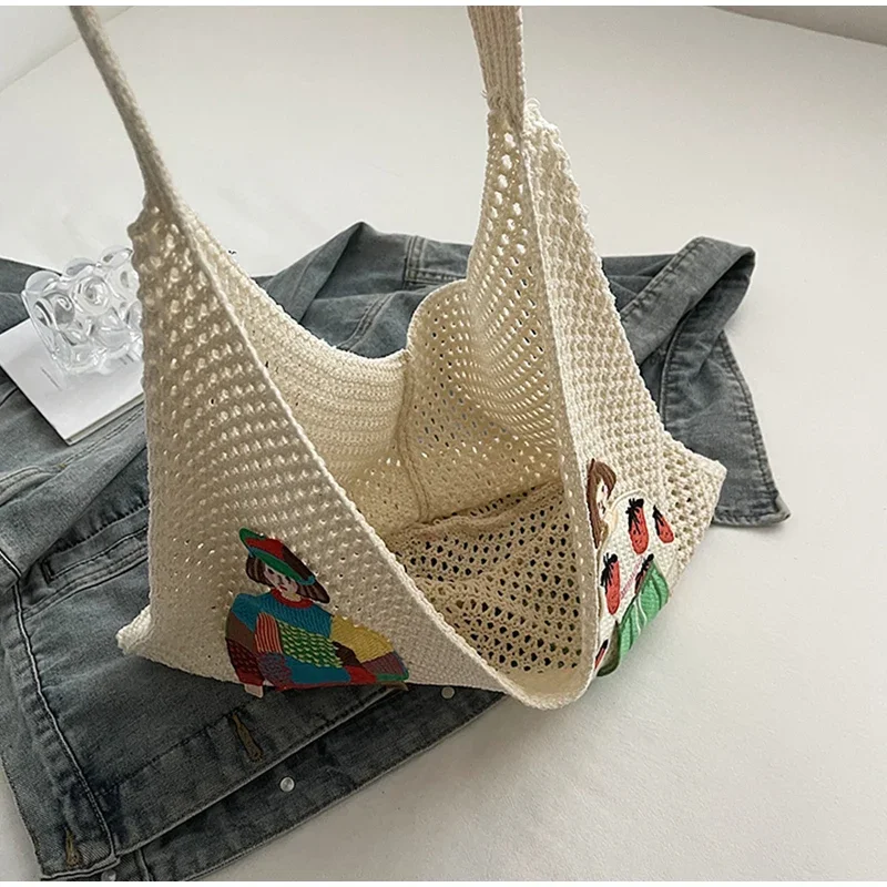 Hohle gestrickte Umhängetasche aus Netzstoff, Strandurlaub, lässige, schicke Cartoon-Einkaufstasche, leichte, lässige, gewebte Damenhandtasche mit Entspannung – Detail 16