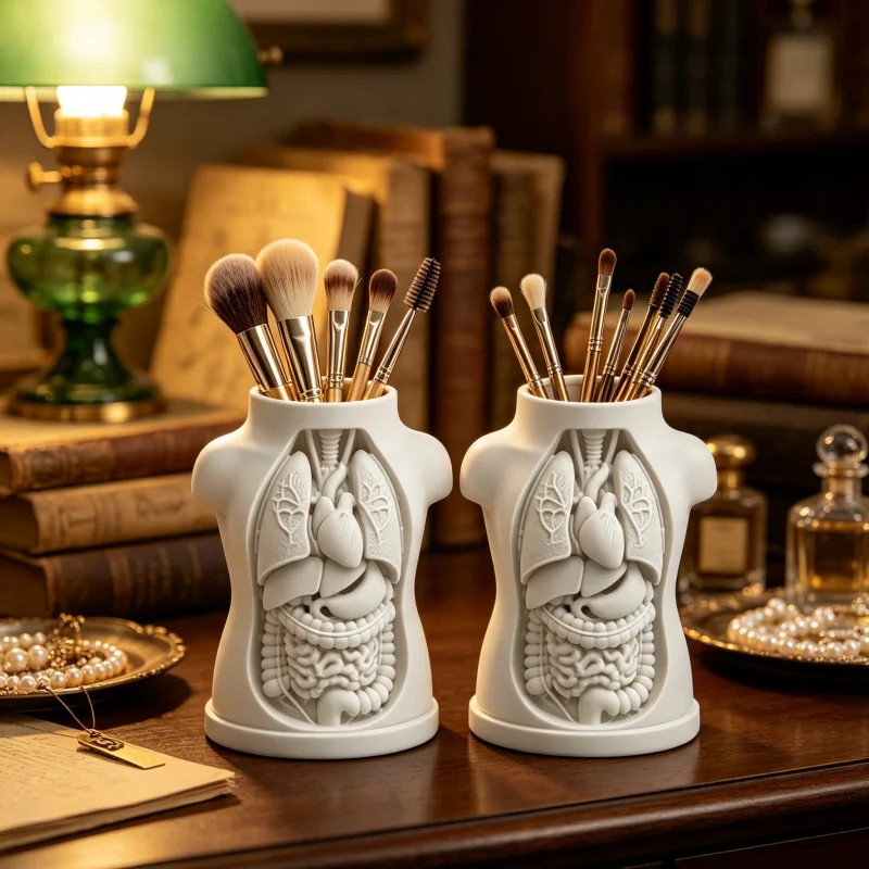 2-Piece Set of Gothic-Style Anatomical Makeup Storage Containers, Realistic Internal Organs Relief Design, Dual-Purpose Makeup Brush Holder and Stationery Organizer, Gothic-Style Desktop Decoration, Suitable for Study Room, Bedroom, Bathroom, Creative Gift for Medical Students and Biology Students, Quirky Holiday Gift for Healthcare Workers, Trendy and Cool Internet Sensation Item, Non-Slip Base, Stable and Durable, Unique and Avant-Garde Room Decoration Item