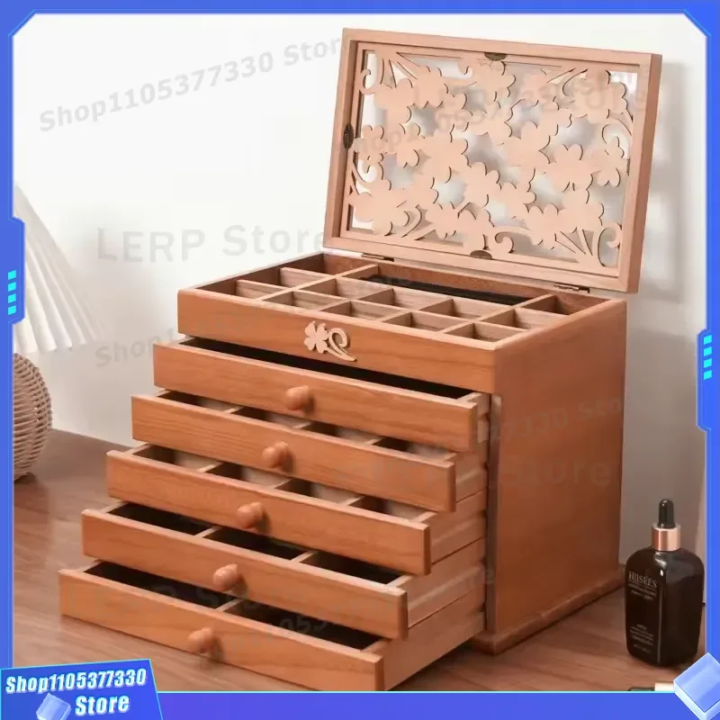 Vintage Handmade Wooden Jewelry Box Multi Layer Storage for Necklace Earrings Custom Logo High End Exquisite Modern Rectangle
