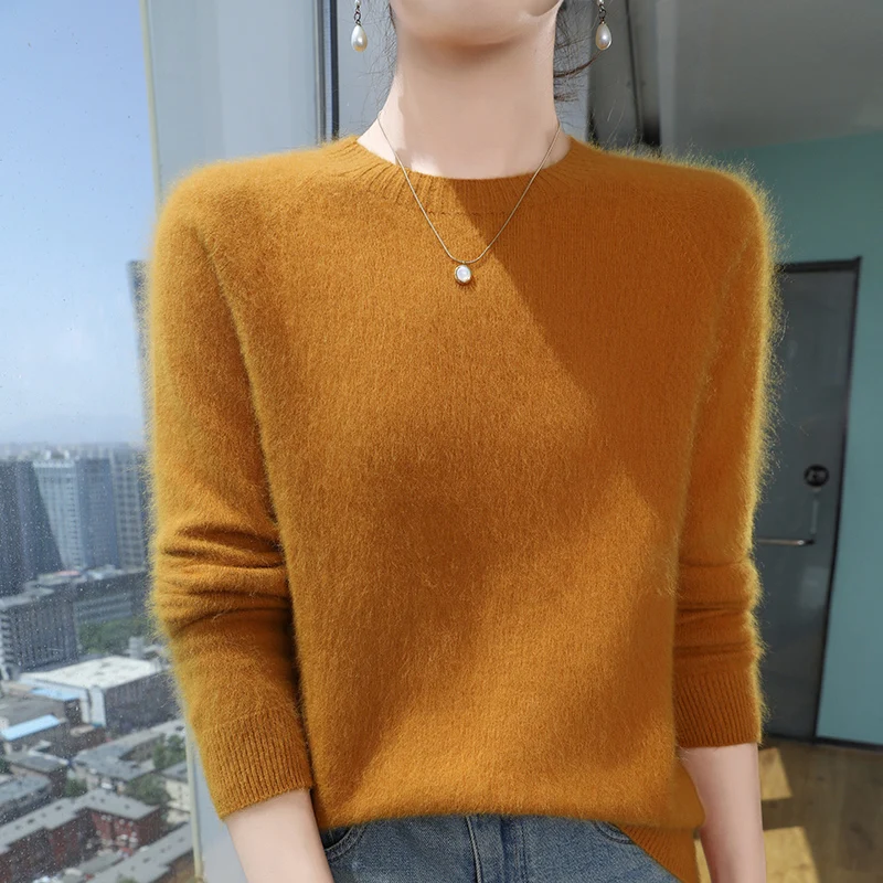 2024 Autumn Winter Women's Round Neck Mink Wool Loose Pullover Cashmere Sweater Long Sleeved Solid Color Knitted Bottom Sweaters