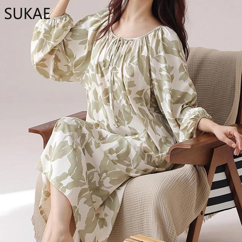 SUKAE Gorgeous Long Sleepshirt Elegant Women Nightgowns Spring Vintage Court Style Lady Chic Dress Autumn Faux Cotton Nightdress