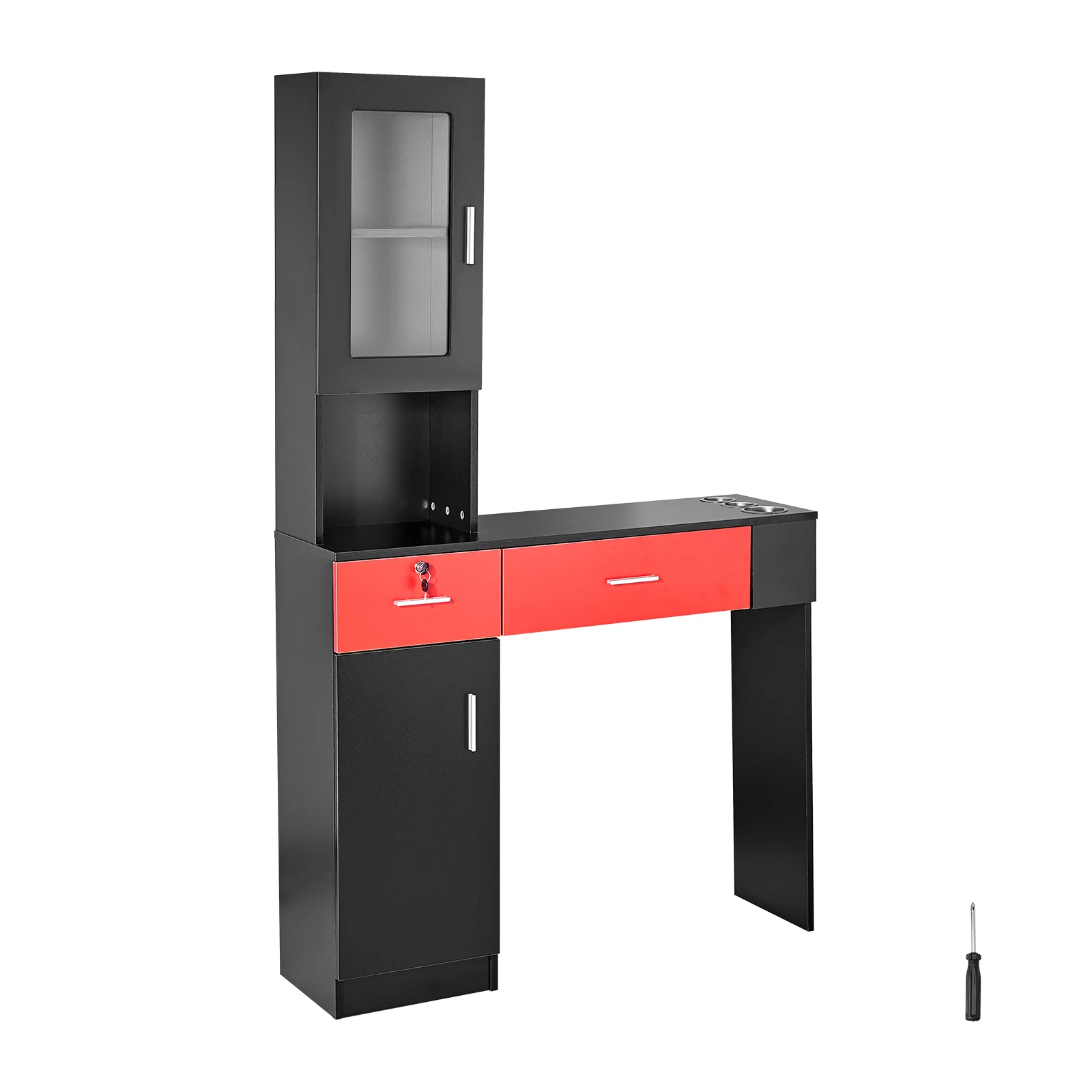 Salon Workstation, 3 Shelves & 2 Drawers (One with Lock), in Black & Red, Wall-Mounted Unit for Hair Professionals, Spa Styling Storage Solution, Includes Cabinet