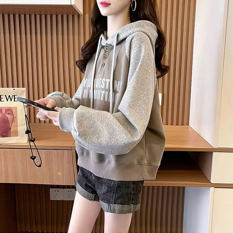 Loose Oversized Korean Hoodies Sweatshirts Autumn New Long Sleeve Contrast Patchwork Casual Tops Fashion Vintage Women Clothing