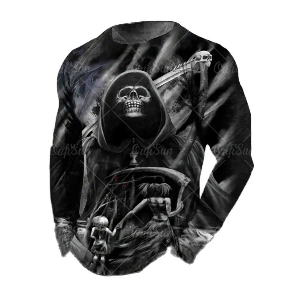 2023 Spring Autumn 3D Print Retro Skull Men T-shirts O-Neck Long Sleeve T-shirt Loose Casual Oversized Tops Tees Plus Size 5XL