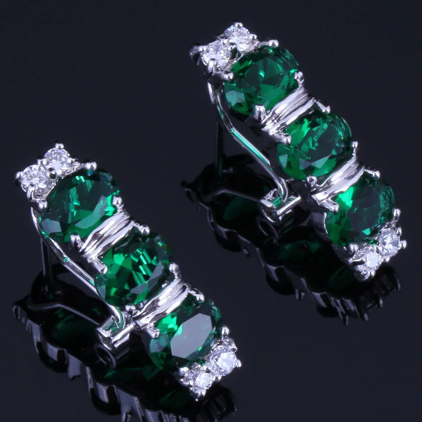 Clean Oval Green Cubic Zirconia White CZ Silver Plated Clip Hoop Huggie Earrings V0917