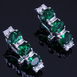 Clean Oval Green Cubic Zirconia White CZ Silver Plated Clip Hoop Huggie Earrings V0917