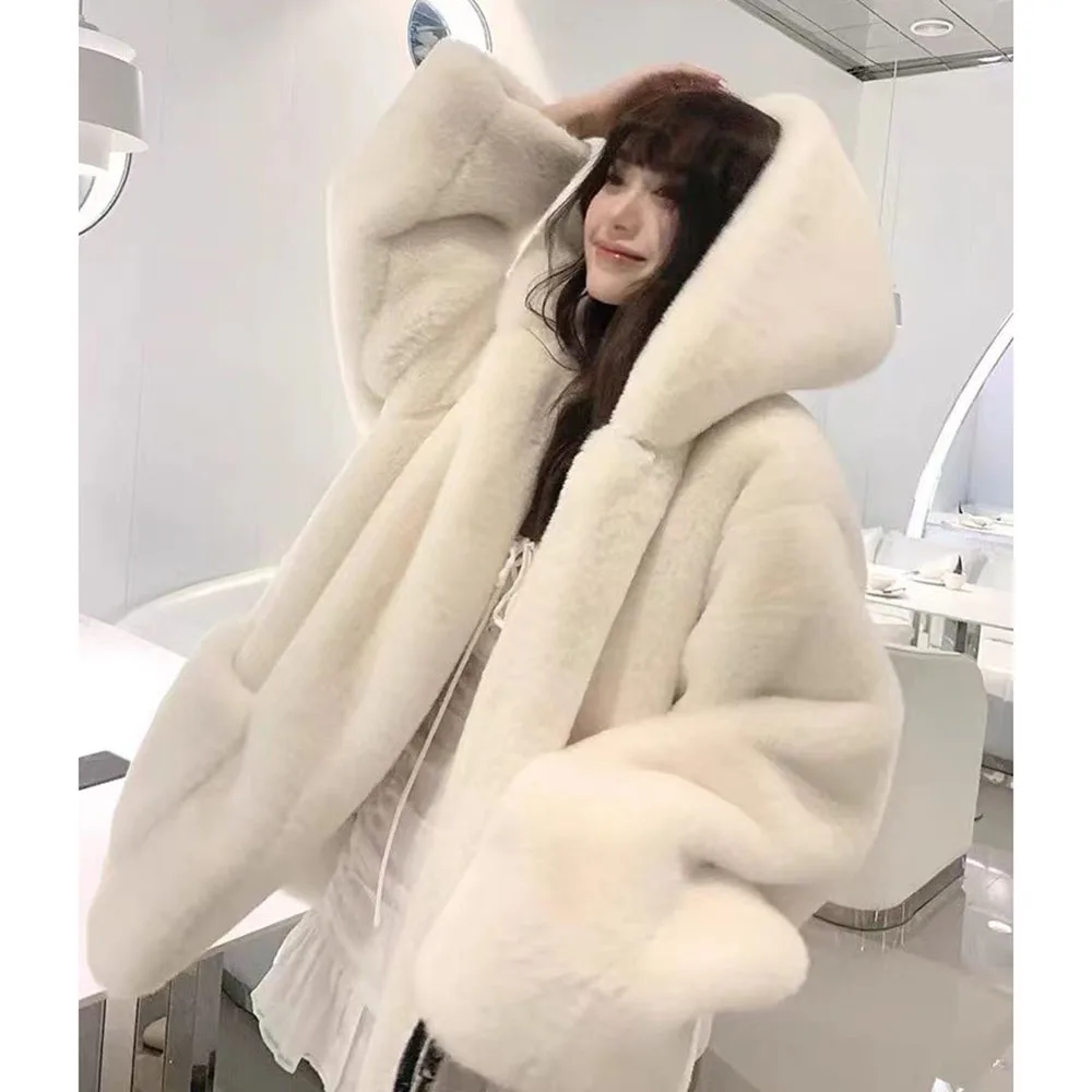 2023 Autumn Winter New Faux Rabbit Fur Coat Women\'s Mid-Length Hooded Lamb Fleece Warm Overcoat Korean Loose Thicken Fur Jackets