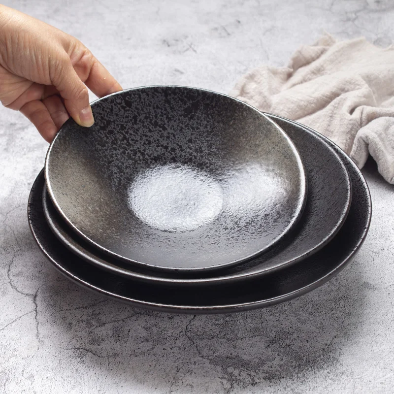 Japanese Vintage Dinnerware Large Black Ceramic Plate Shallow Bowl Bowl Soup Plate Household Dish Deep Dish Salad Bowl