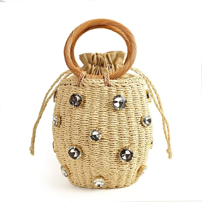 

2025 New Handmade Rhinestone Crystal Embellished Straw Bag Small Straw Bucket Bags Lady Travel Purses and Handbags