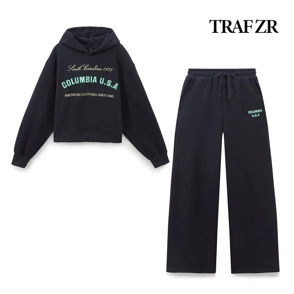 

TRAF ZR Plush Long Sleeves Co-Ord Sets for Women Two Piece Sets Womens Outifits Text Print Hood Sweaters + Plush Jogger Pants