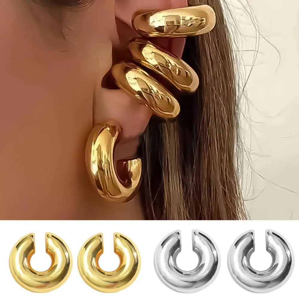 Minimalist Ear Cuffs Stylish Stainless Steel Women\'s Ear Cuffs Non-pierced Fat Circle Tube Shape Earrings for Hip Hop Punk Club