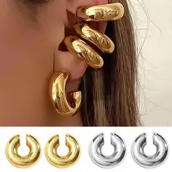 Minimalist Ear Cuffs Stylish Stainless Steel Women's Ear Cuffs Non-pierced Fat Circle Tube Shape Earrings for Hip Hop Punk Club