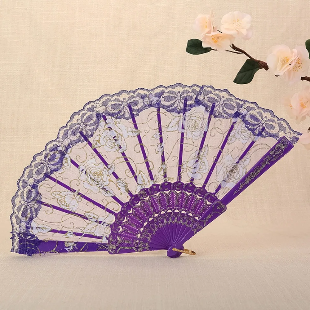 Craft Handheld Ladies Lace Hand Fan Plastic Handle Translucent Folding Fan Rose Pattern Dance Fan Summer