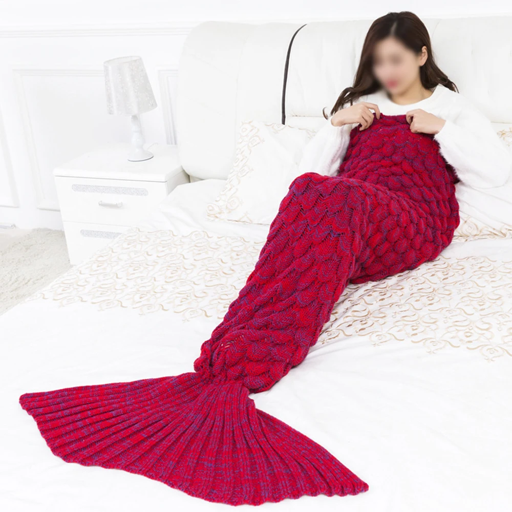 Mermaid Tail Blanket Yarn Knitted Handmade Crochet Mermaid Blanket Kids Throw Bed Wrap Super Soft Sleeping Bed