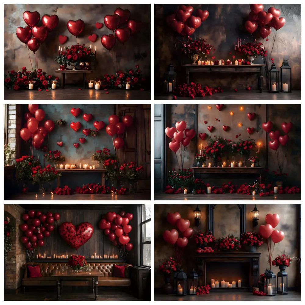 

Valentine's Day Backdrop for Photography Retro European Wall Candle Red Flower Love Heart Balloon Couple Wedding Background Prop