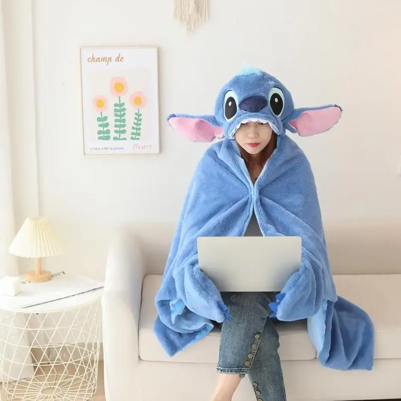 Kawaii Stitch Disney Throw Blanket Cartoon Lilo & Stitch Hooded Shawl Cartoon Girl Keep Warm Cloak Child Thicken Blanket Gift