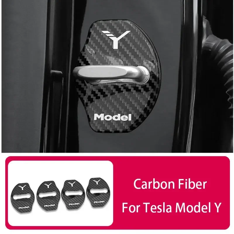 For Tesla Model 3 Y Car Door Lock Buckle Cover Door Lock Carbon Fiber Metal Sticker Accessories  Automobile Decoration