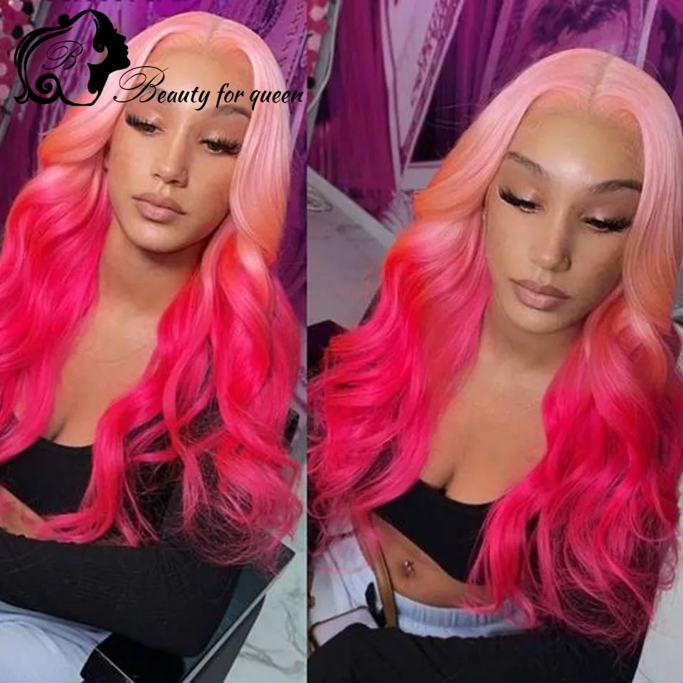 Wear And Go Cheap Invisible Lace Melting Red Pink Blue Brown Colored Long Straight Human Hair Wig Lace Front Glueless For Women
