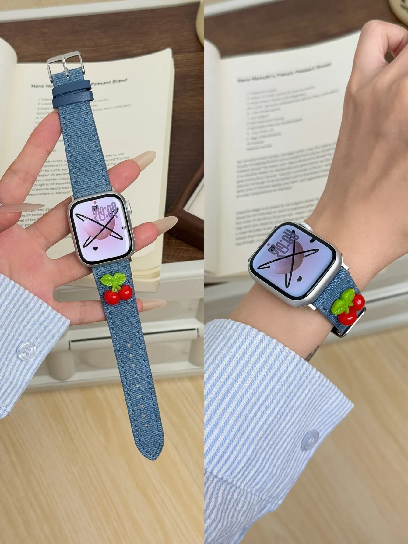 Fashion Cherry Denim Leather loop Correa For Apple Watch band Series 10/9/8/7/6/5 38mm 40mm 41mm 42mm 44mm 45mm 46mm 49mm Strap