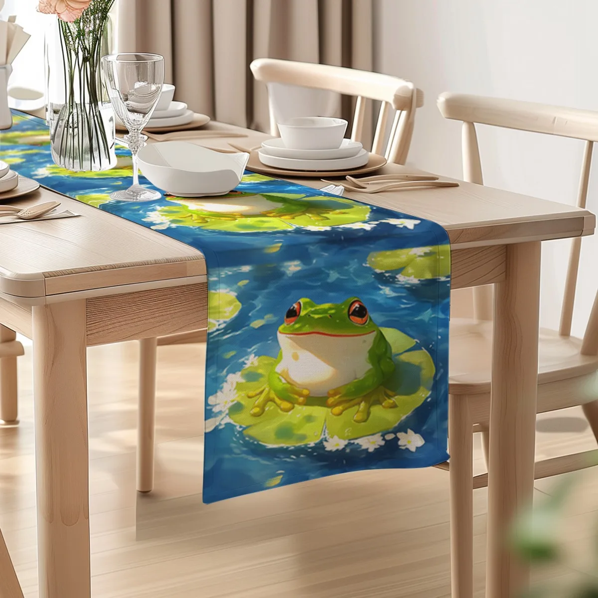 decorations table runner Summer Frog Lotus Art Tablecloth for Home Kitchen Party Settings Gift Ideas,Dinner Setting