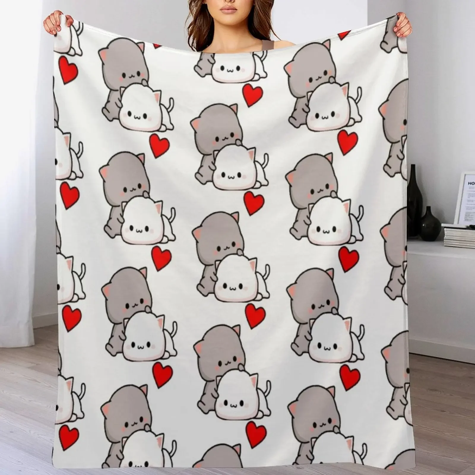 Mochi Peach Cat Goma Love Is Kind Love Hugs Kisses Valentine Pullover Throw Blanket For Sofa Thin Plaid Blankets