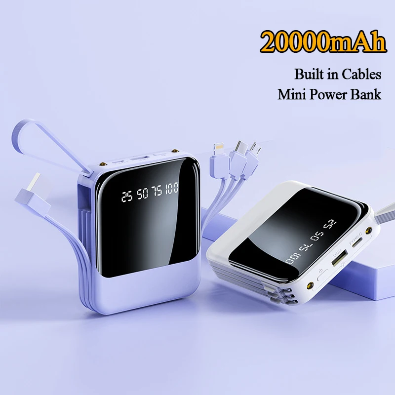 

Mini Power Bank 20000mAh Portable Charger External Battery Pack Powerbank With Cables For iPhone 14 Xiaomi Huawei P40 Poverbank