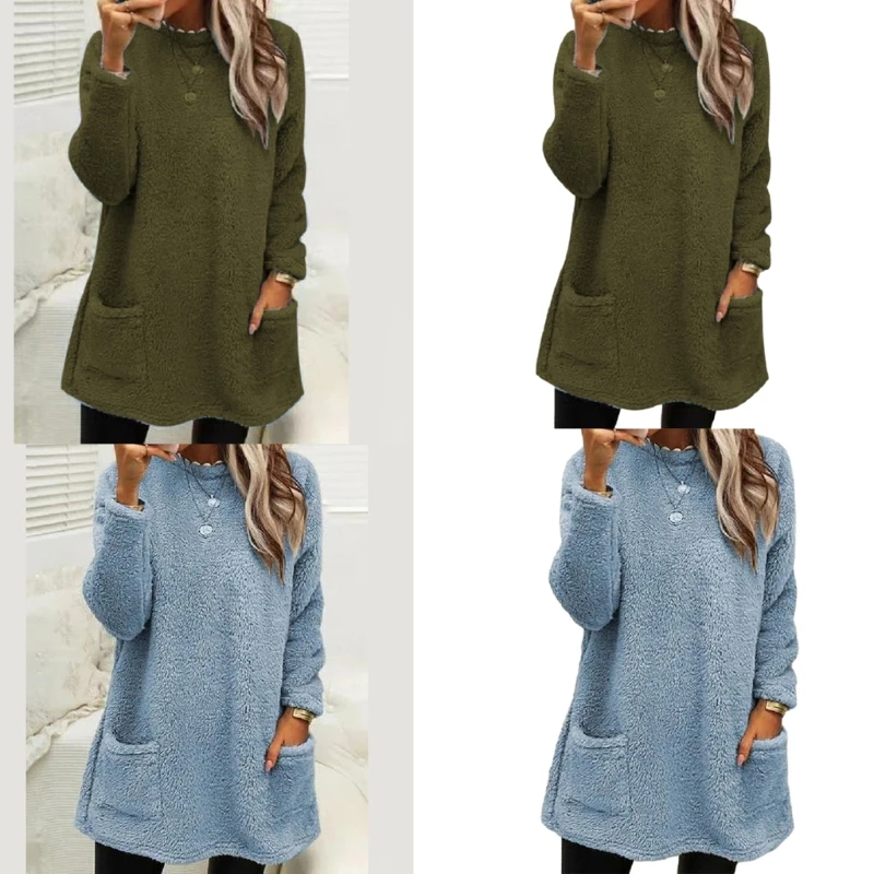 95AB Felpa Girocollo Oversize da Donna Casual Sherpa Pullover Top Maglione Caldo Camicie a Maniche Lunghe Allentate Tuniche