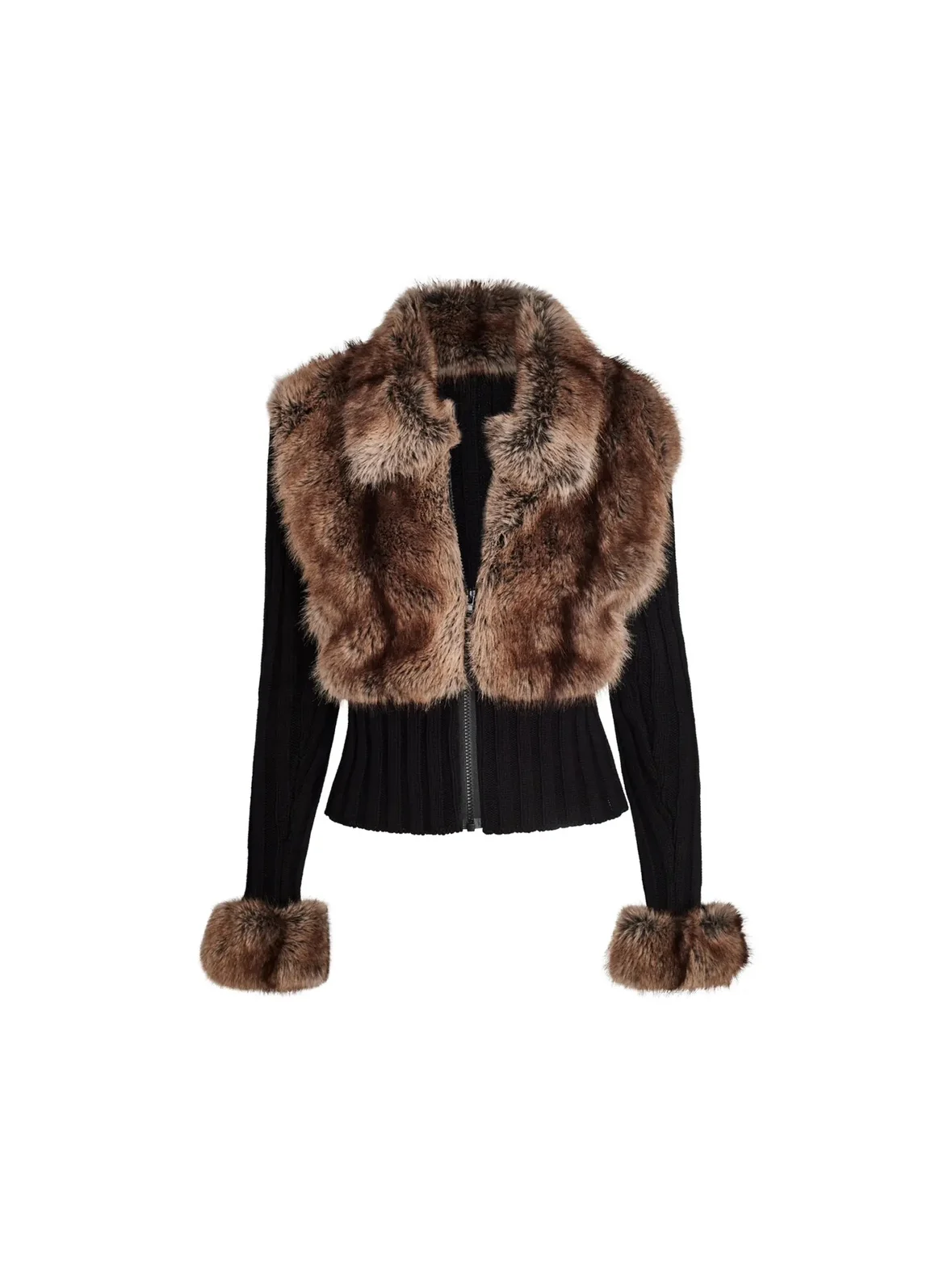 Ia Eco-Friendly Fur Patchwork Women's Jacket, Lapel Zipper Knit Sweater Cardigan, Warm and Trendy St