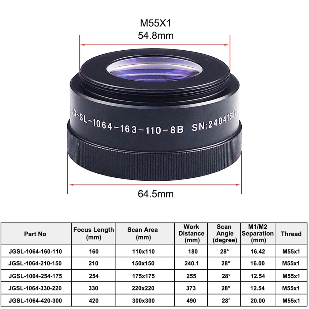 HUNST F-theta Scan Lens Thread M55 1064nm Galvo System dla 1064nm YAG światłowód laserowy maszyna do znakowania części