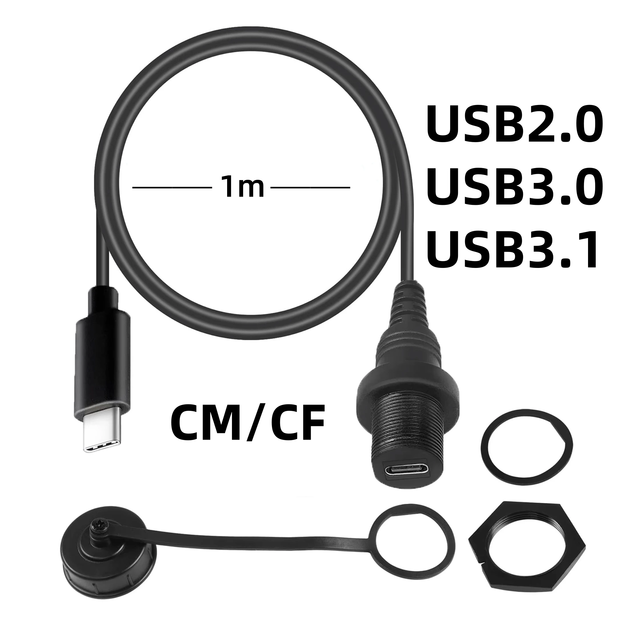 1m/3ft USB C Extension Cord with Waterproof Kit Type-C Male To Female Panel Flush Mount Cable for Car Boat Motorcycle Dashboard
