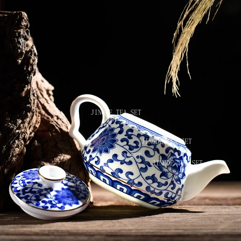 240ml Blue and White Porcelain Teapot Gold Rim Inlaid Lotus Floral Pattern Ceramic Tea Pot Chinese Kung Fu Tea Brewing Vessel