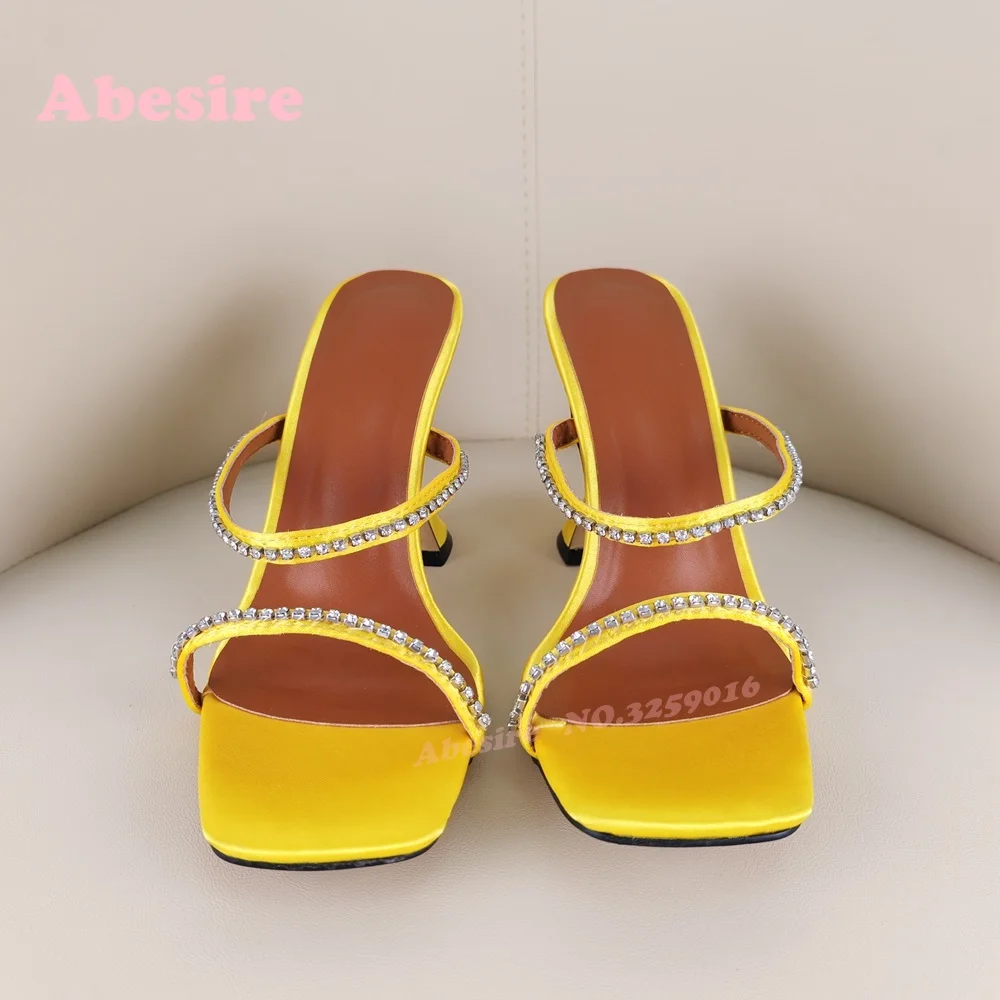 Yellow Rhinestone Satin Slippers Wine Grass One Strap High Heels Summer Shoes for Women Outside Luxury Slippers 2025 Crystal