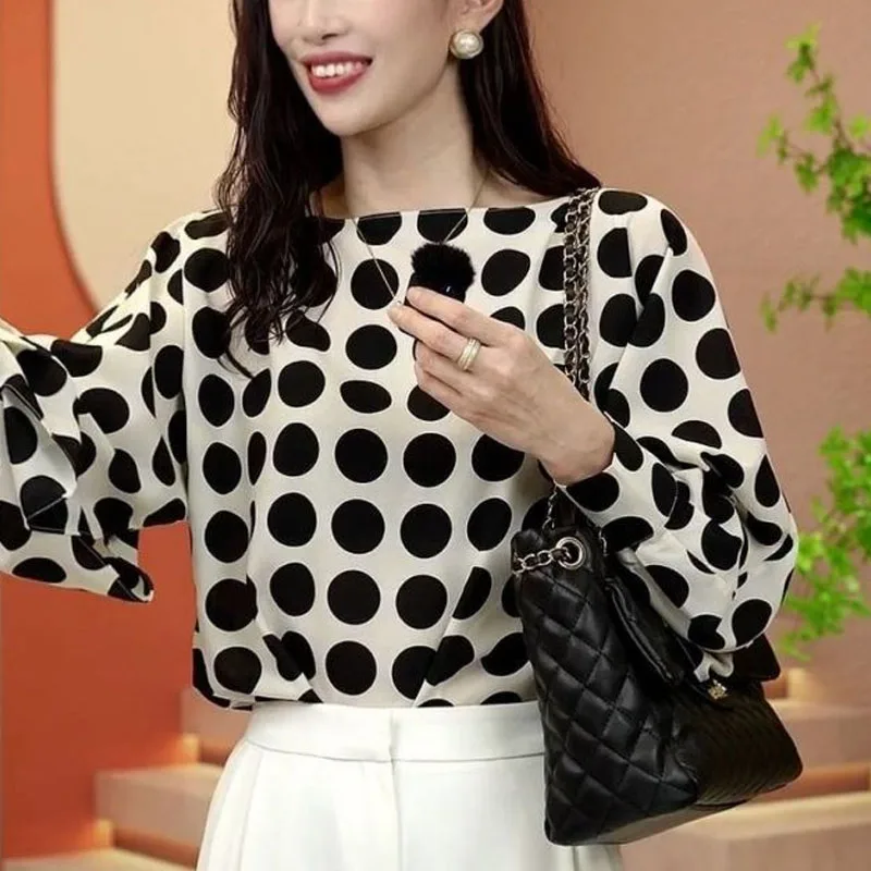 New Women\'s Spring Autumn Pullovers One Line Collar Polka Dot Spliced Fashion Versatile Loose Casual Long Sleeve Chiffon Tops