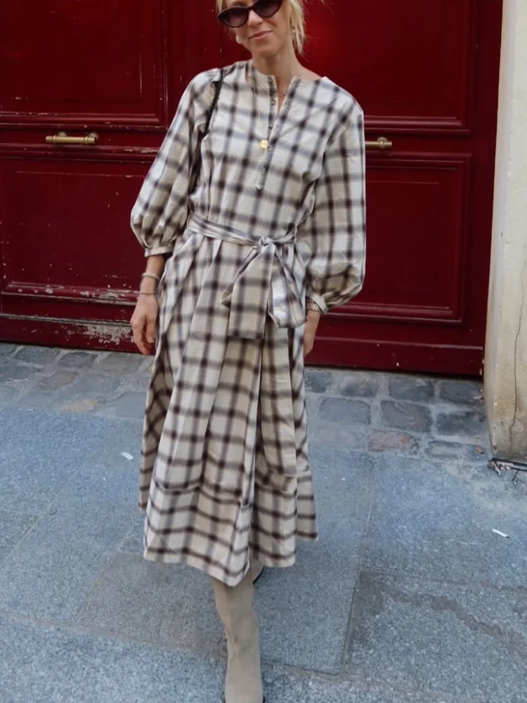 

Элегантное клетчатое платье с v-образным вырезом на талии, весенне-осеннее женское однобортное платье с длинными рукавами, женские повседневные уличные платья