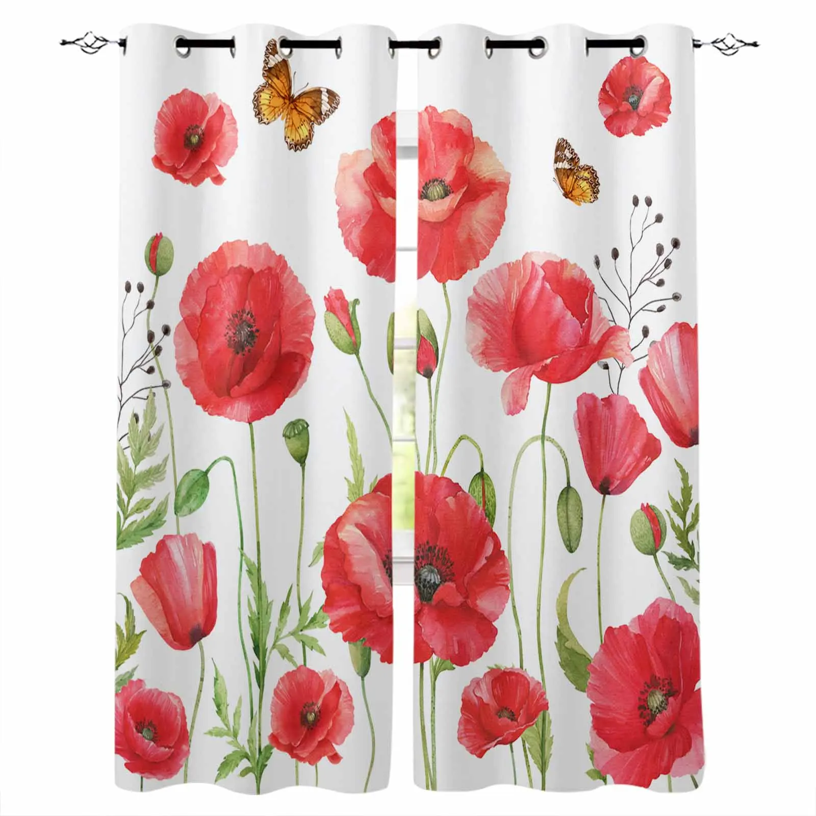 Red Watercolor Poppy Flower Window Curtains for Living Room Kitchen Curtain Bedroom Decorative Window Treatments