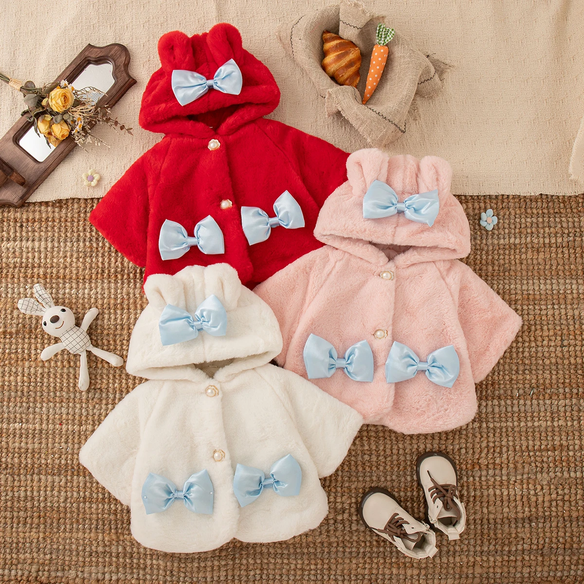 

Winter Toddler Girl Clothes Blue Bow Long Sleeve Lovely Plush Coat Girl Outdoor Keep Warm Hooded Coat