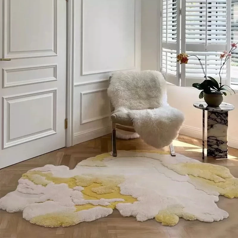 Yellow Color Handmade Wool Carpet for Living Room Irregular Sofa Coffee Table Mat Thick Modern Art Floor Area Rug Bedroom Mat