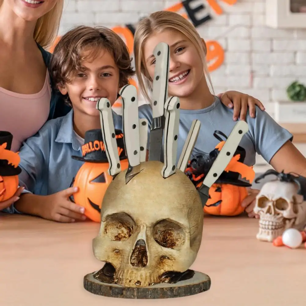 Skull-Shaped Knife Holder with Bone Texture Dark Horror Kitchen Decor for Halloween Gothic Style Stable Unique Gift for Horror F view 5