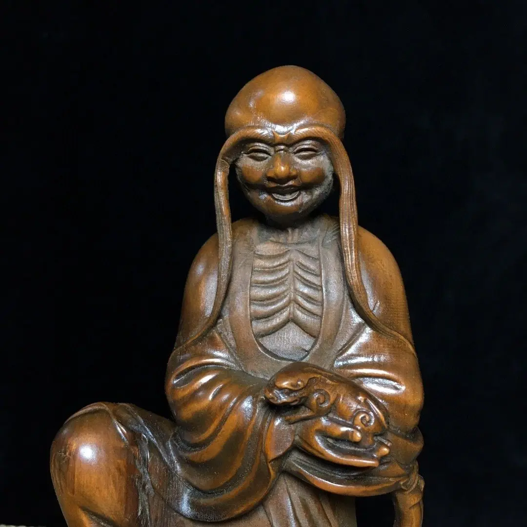Hand Carved Wood Long eyebrow arhat buddha Statue Figurine Desktop Ornaments Home Decoration Crafts Tea Pet Decor