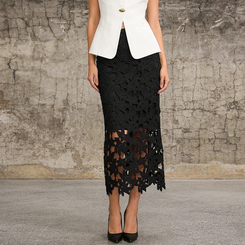 ZAMOR HIGH END French Style Elegant High Waist Slim Fit Straight Skirt Hollow Out Lace Design Midi Skirt for Women 2026 New