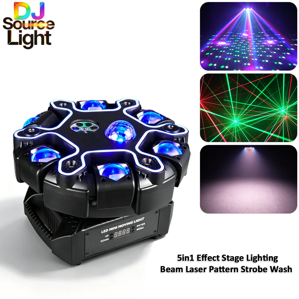 DJSOURCE 6Arms 5in1 Effect Rotate Stage Lighting 7x10W RGBW 4in1 Beam RG Laser Strobe Ring Pattern Effect Dj Room Party Disco