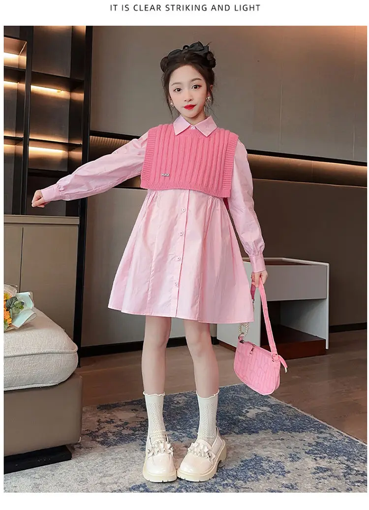 Spring Girls Dress 2024 New Children\'s Fashion Shirt Dress Teenage Girls Vest+Dress Two-piece Set 4 6 8 10 12 13Y