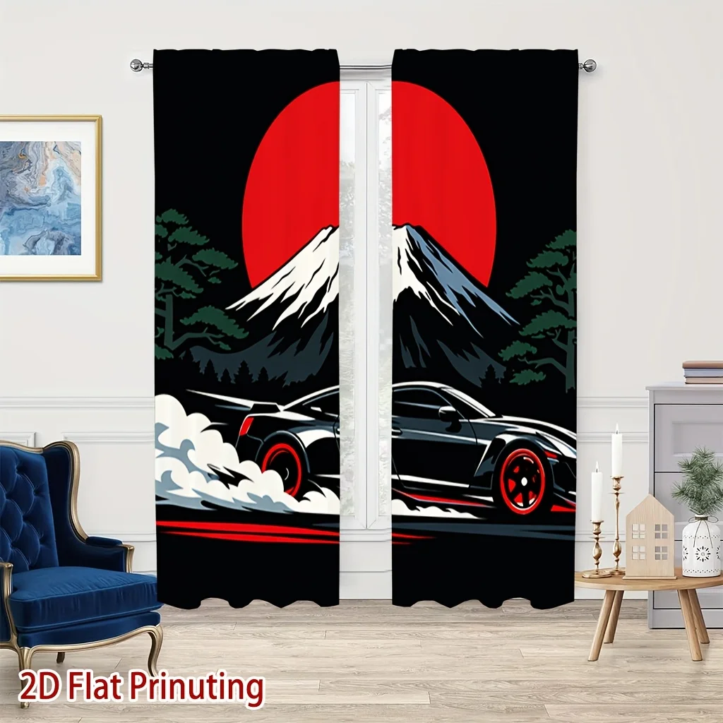 Japanese Style Supercar Print Blackout Curtains - Fuji Mountain Red Sun Racing Car Window Drapes for Living Room Bedroom