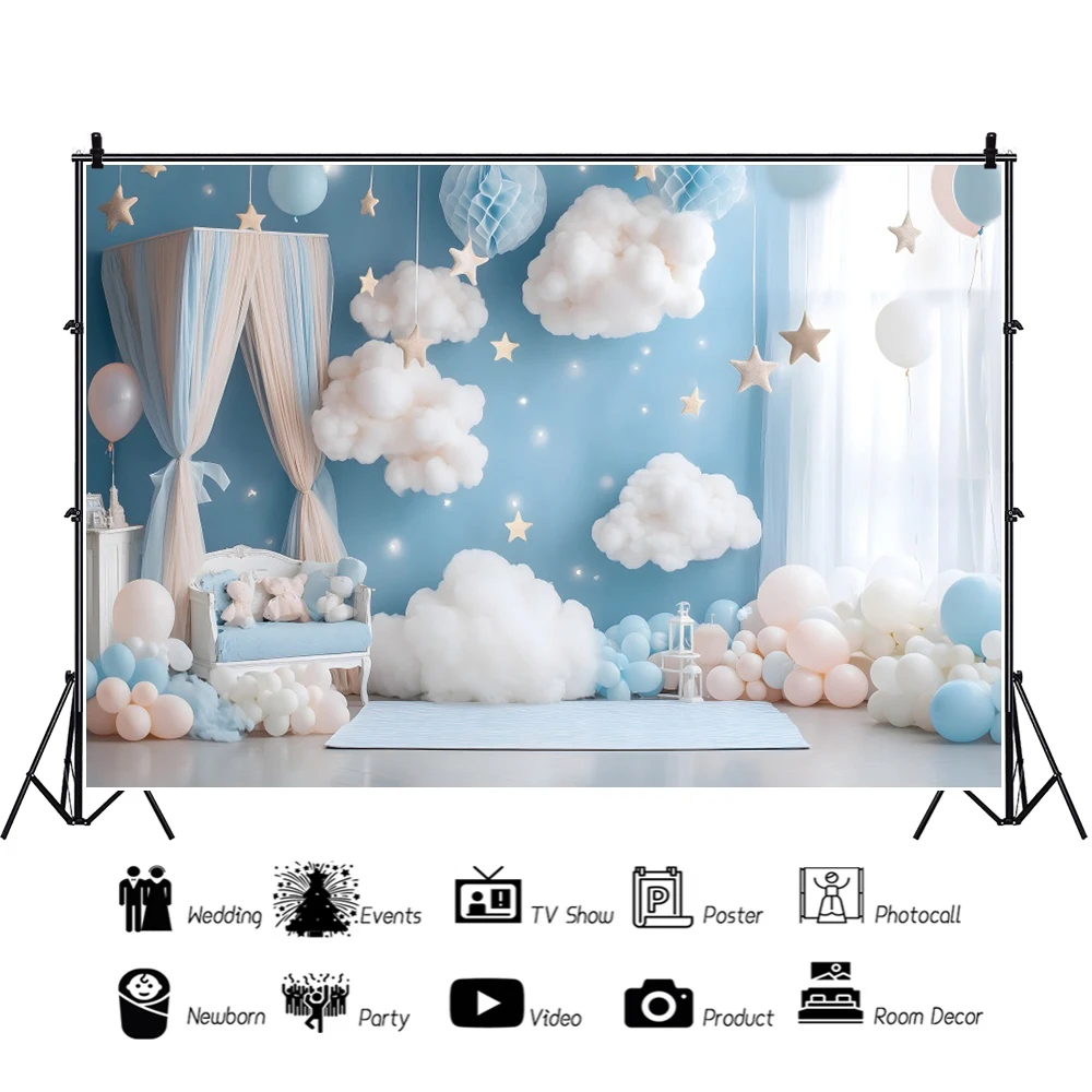 Fond de photographie bleu pour réception-cadeau pour bébé, nuages blancs, ballons étoiles, décorations d'anniversaire pour enfant, stand Photo, Portrait, arrière-plan pour Photo